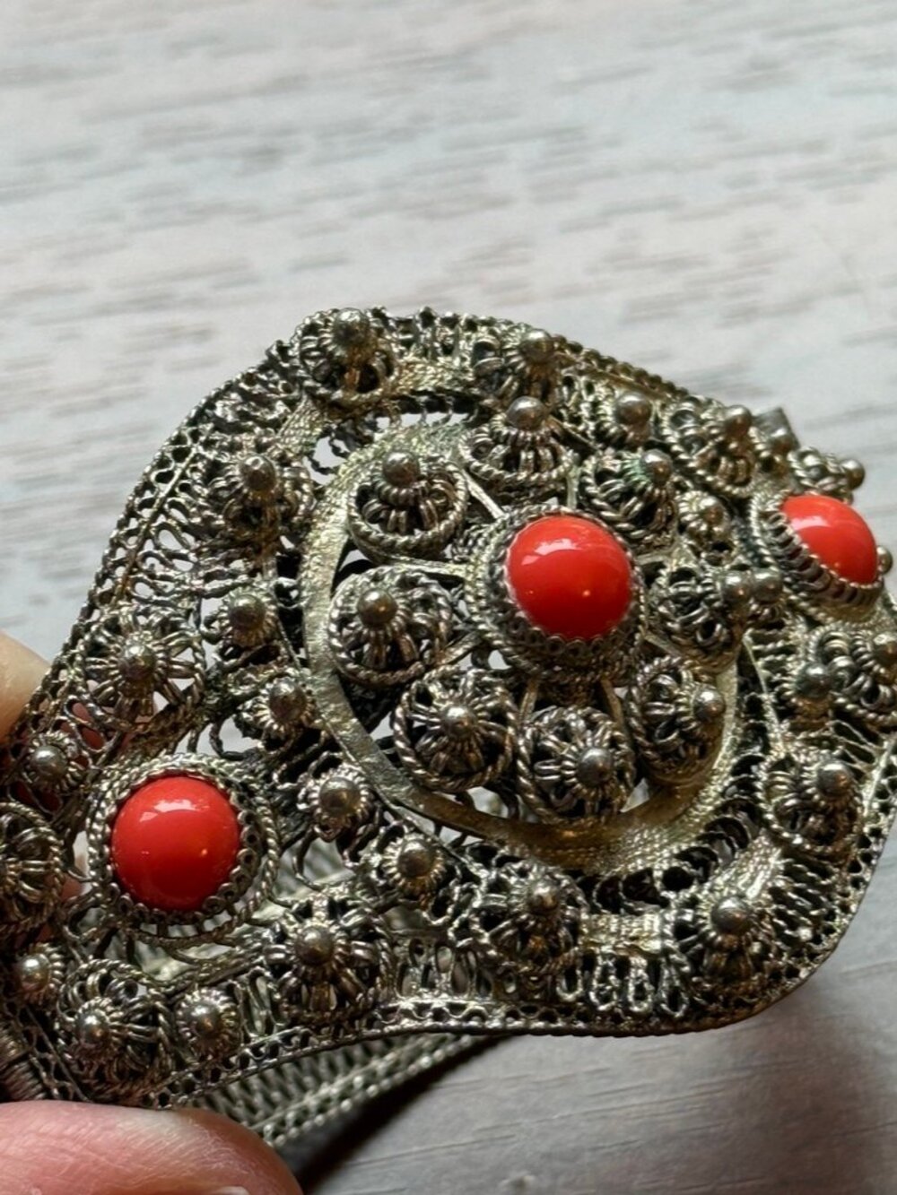 Antique Victorian Sterling Silver Filigree and Coral Cabochon Cuff Bracelet